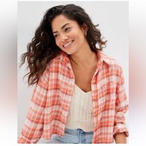 American Eagle AE Cropped Soft Flannel Shirt S Distressed Plaid Orange Grunge